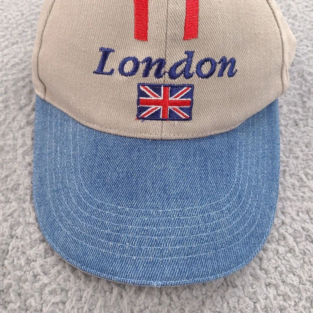 London UK British Hat Cap Beige Blue Denim Flag Buckle Strap‎ One Size Cotton